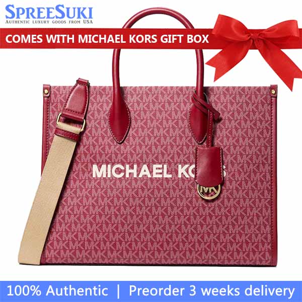 Michael Kors Mirella Medium Metallic Signature Logo Tote Bag Cherry Red # 35F5G7ZT2V
