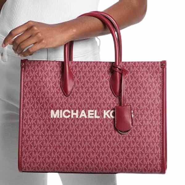 Michael Kors Mirella Medium Metallic Signature Logo Tote Bag Cherry Red # 35F5G7ZT2V