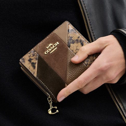 Coach Snap Wallet With Patchwork And Snake Print Gold Light Brown # CCR27
