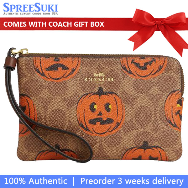 Coach Corner Zip Wristlet In Signature Canvas With Halloween Print Tan Multi Light Brown # CCL20