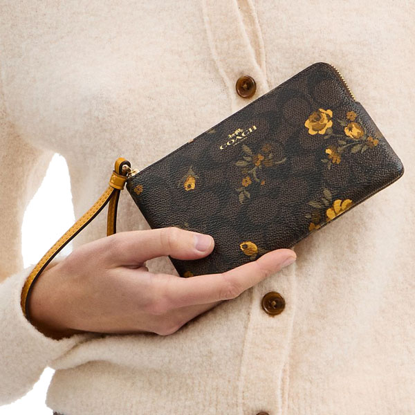 Coach Corner Zip Wristlet In Signature Canvas With Floral Print Walnut Yellow Dark Brown # CCL19