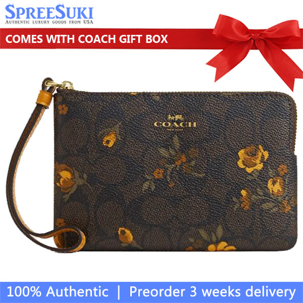 Coach Corner Zip Wristlet In Signature Canvas With Floral Print Walnut Yellow Dark Brown # CCL19
