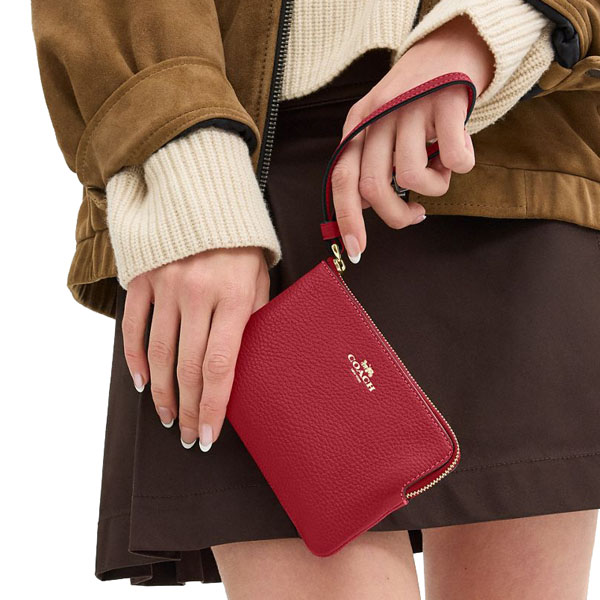 Coach Small Wristlet Pebbled Leather Corner Zip Wristlet True Red Dark Red # CP483