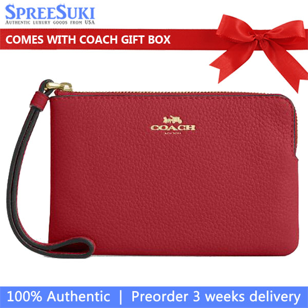 Coach Small Wristlet Pebbled Leather Corner Zip Wristlet True Red Dark Red # CP483