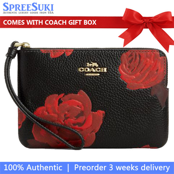 Coach Corner Zip Wristlet With Floral Print Black Red # CCJ70