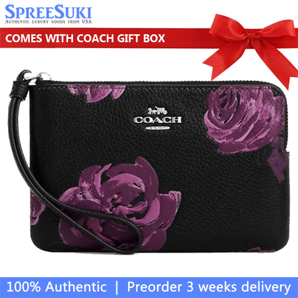 Coach Corner Zip Wristlet With Floral Print Black Purple # CCJ70
