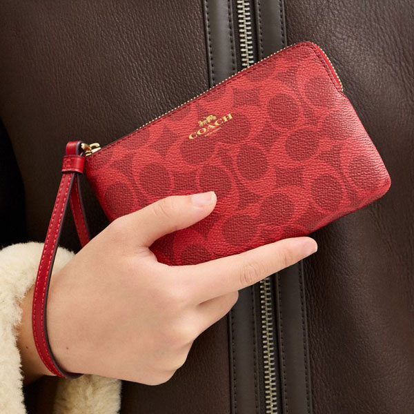 Coach Corner Zip Wristlet In Signature Canvas Bold Red Dark Red # CAQ75