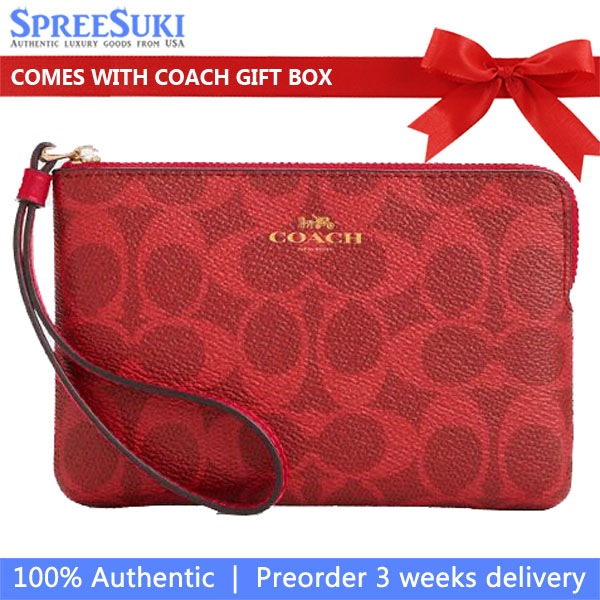 Coach Corner Zip Wristlet In Signature Canvas Bold Red Dark Red # CAQ75