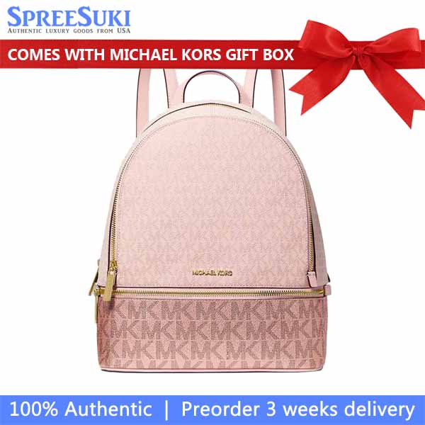 Michael Kors Rhea Medium Metallic Signature Logo Backpack Powder Blush Light pink # 35F5GRAB2V