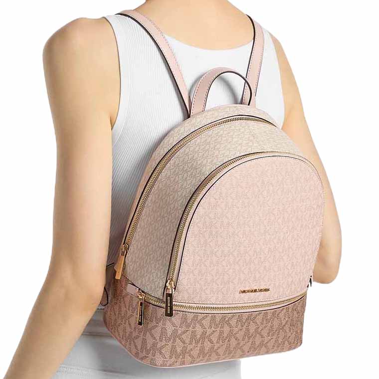 Michael Kors Rhea Medium Metallic Signature Logo Backpack Powder Blush Light pink # 35F5GRAB2V