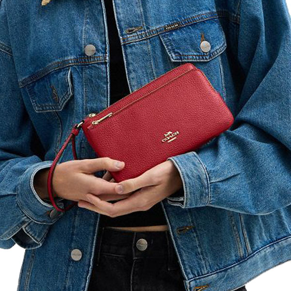 Coach Large Wristlet Pebbled Leather Double Zip Wallet True Red Dark Red # CU919