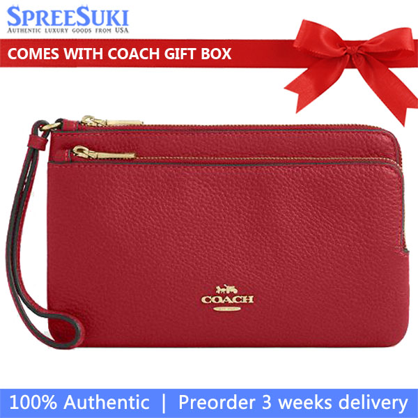 Coach Large Wristlet Pebbled Leather Double Zip Wallet True Red Dark Red # CU919