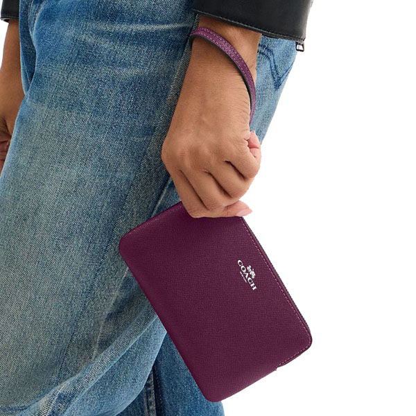 Coach Small Wristlet Crossgrain Leather Corner Zip Silver Dark purple # CV396