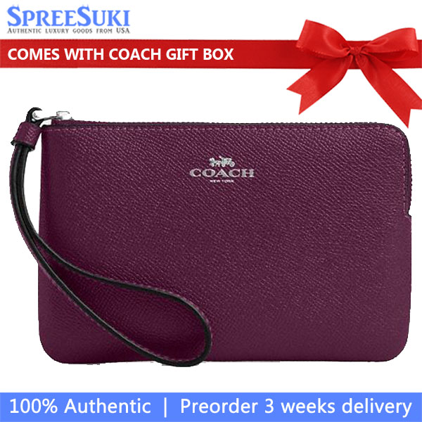 Coach Small Wristlet Crossgrain Leather Corner Zip Silver Dark purple # CV396