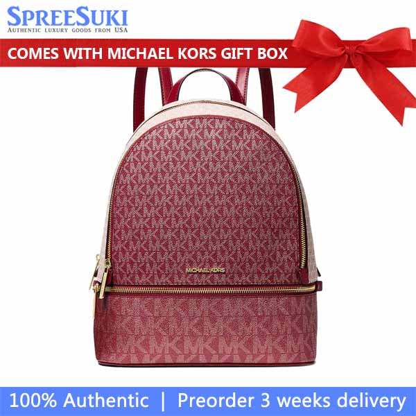 Michael Kors Rhea Medium Metallic Signature Logo Backpack Cherry Dark Red # 35F5GRAB2V