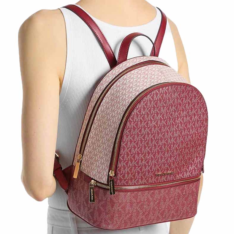 Michael Kors Rhea Medium Metallic Signature Logo Backpack Cherry Dark Red # 35F5GRAB2V