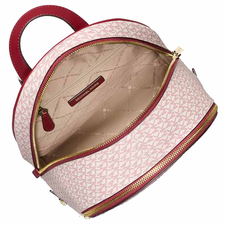 Michael Kors Rhea Medium Metallic Signature Logo Backpack Cherry Dark Red # 35F5GRAB2V