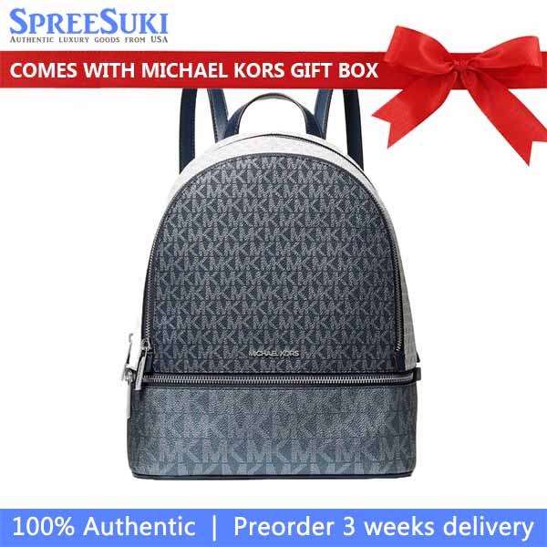 Michael Kors Rhea Medium Metallic Signature Logo Backpack Navy Navy Blue # 35F5SRAB2V