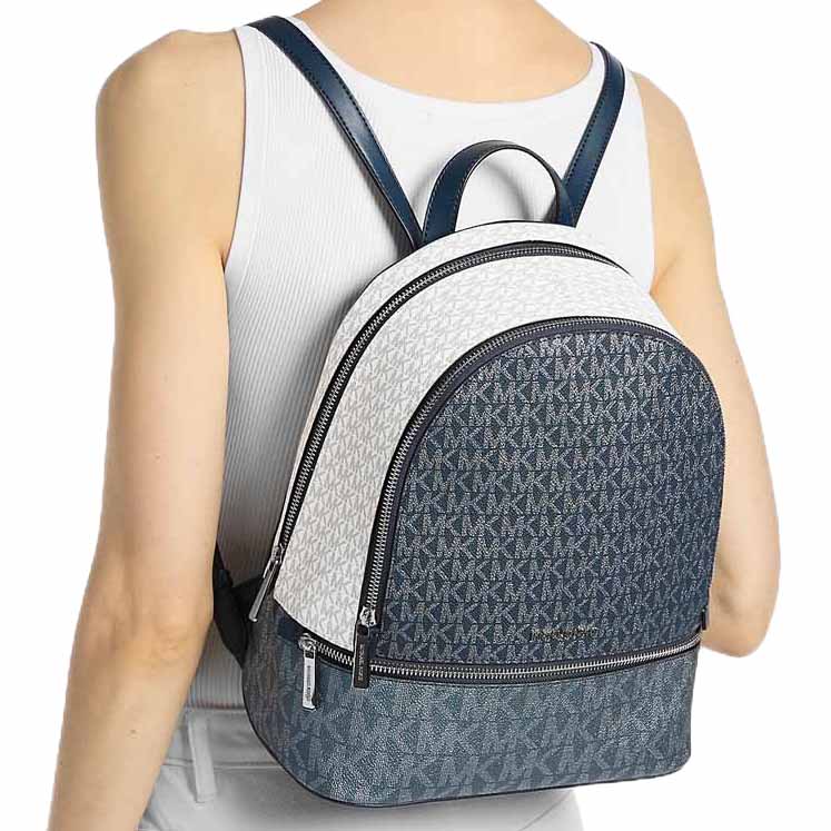 Michael Kors Rhea Medium Metallic Signature Logo Backpack Navy Navy Blue # 35F5SRAB2V