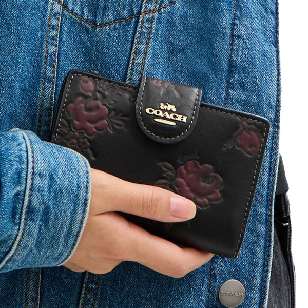 Coach Medium Corner Zip Wallet With Floral Print Black Wine Multi # CCR20