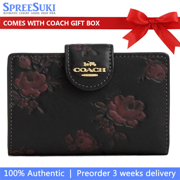 Coach Medium Corner Zip Wallet With Floral Print Black Wine Multi # CCR20