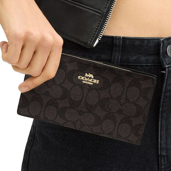 Coach Slim Zip Wallet In Signature Canvas Walnut Black Dark Brown # CW661