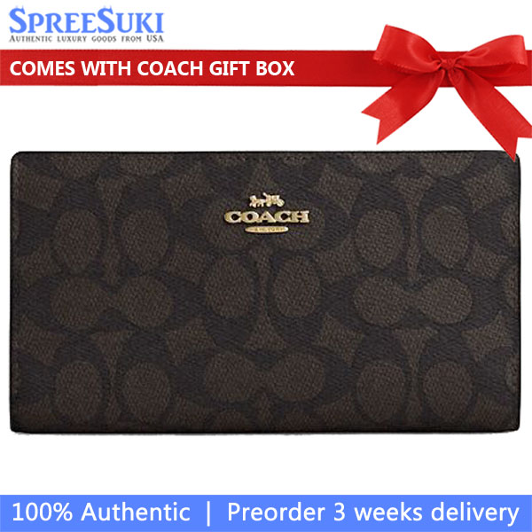 Coach Slim Zip Wallet In Signature Canvas Walnut Black Dark Brown # CW661