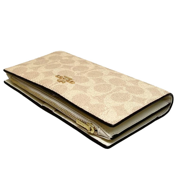 Coach Slim Zip Wallet In Signature Canvas Sand Chalk Off White # CW661