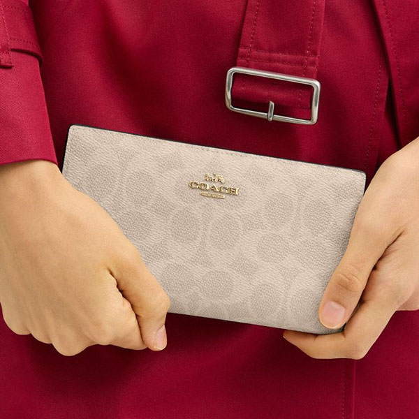 Coach Slim Zip Wallet In Signature Canvas Sand Chalk Off White # CW661