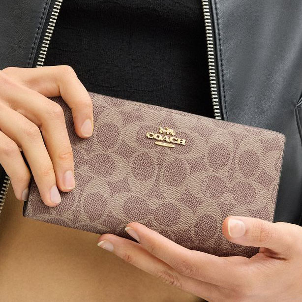 Coach Slim Zip Wallet In Signature Canvas Tan Brown Light Brown # CW661