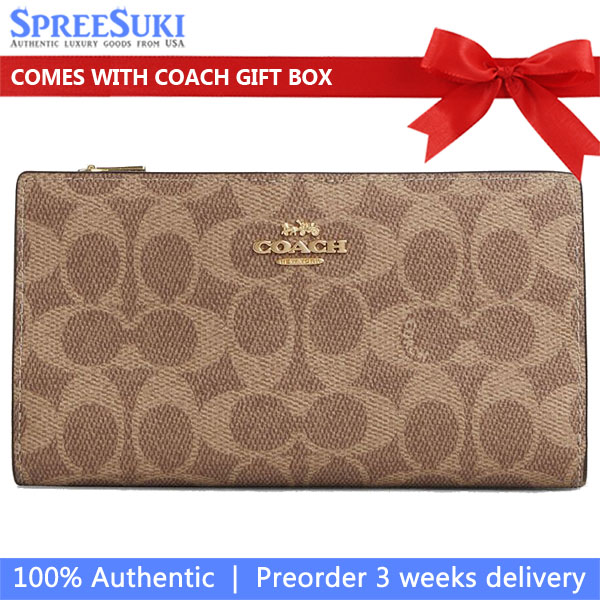 Coach Slim Zip Wallet In Signature Canvas Tan Brown Light Brown # CW661