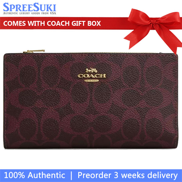 Coach Slim Zip Wallet In Signature Canvas Black Currant # CW661
