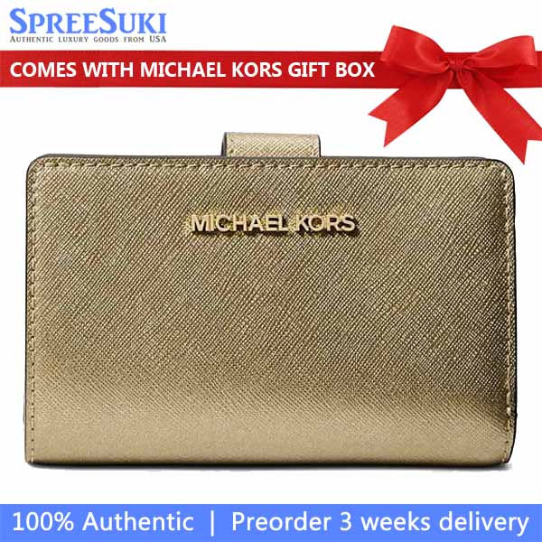 Michael Kors Jet Set Medium Metallic Saffiano Leather Bi-Fold Wallet Pale Gold # 35F4GTVF8M