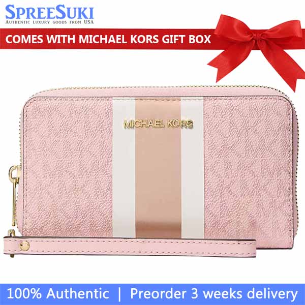 Michael Kors Jet Set Large Metallic Signature Logo Stripe Smartphone Wallet Powder Blush Light pink # 35F5GTVE3K