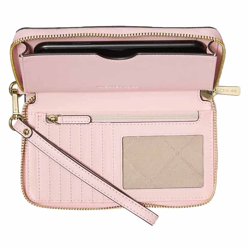 Michael Kors Jet Set Large Metallic Signature Logo Stripe Smartphone Wallet Powder Blush Light pink # 35F5GTVE3K