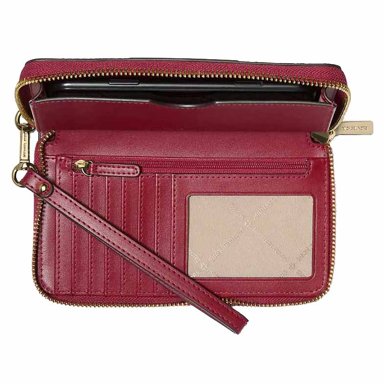 Michael Kors Jet Set Large Metallic Signature Logo Stripe Smartphone Wallet Cherry Dark Red # 35F5GTVE3K