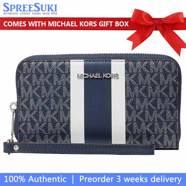 Michael Kors Jet Set Large Metallic Signature Logo Stripe Smartphone Wallet Navy Navy Blue # 35F5STVE3K