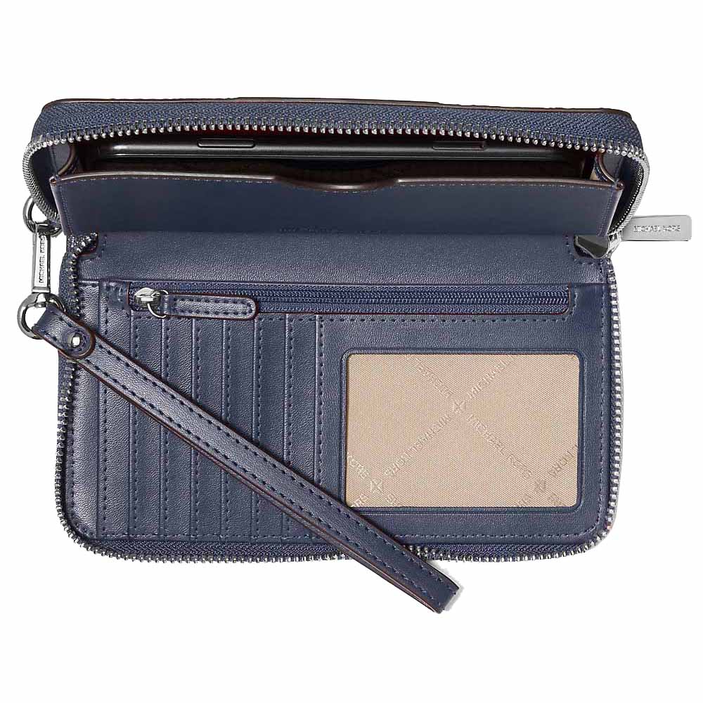 Michael Kors Jet Set Large Metallic Signature Logo Stripe Smartphone Wallet Navy Navy Blue # 35F5STVE3K