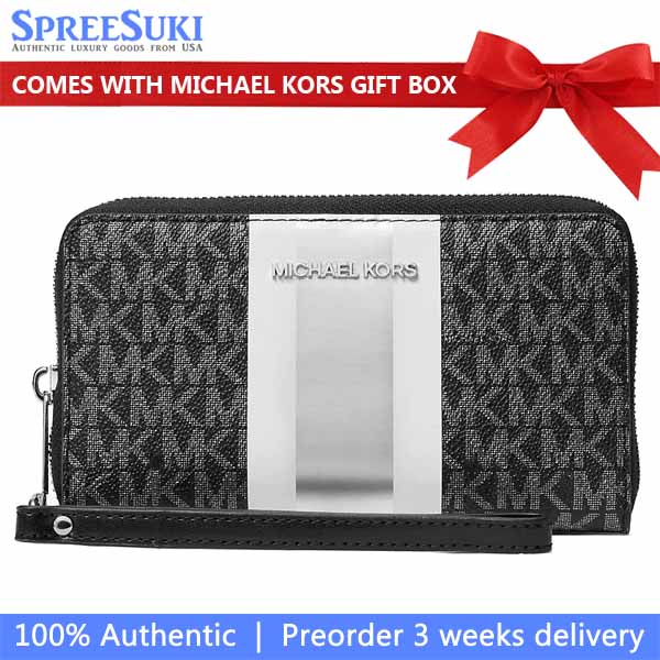 Michael Kors Jet Set Large Metallic Signature Logo Stripe Smartphone Wallet Black # 35F5STVE3K