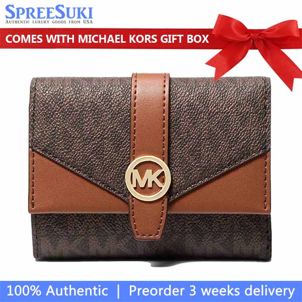 Michael Kors Greenwich Medium Signature Logo Trifold Wallet Brown Dark Brown # 35S5GGRE6B