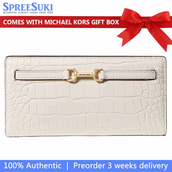 Michael Kors Carson Large Crocodile Embossed Wallet Light Cream White # 35F5G2ZE3A