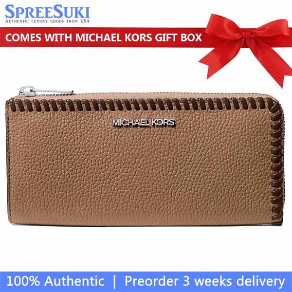 Michael Kors Jet Set Large Pebbled Leather Quarter-Zip Wallet Driftwood Multi Brown # 35F5STVZ7L