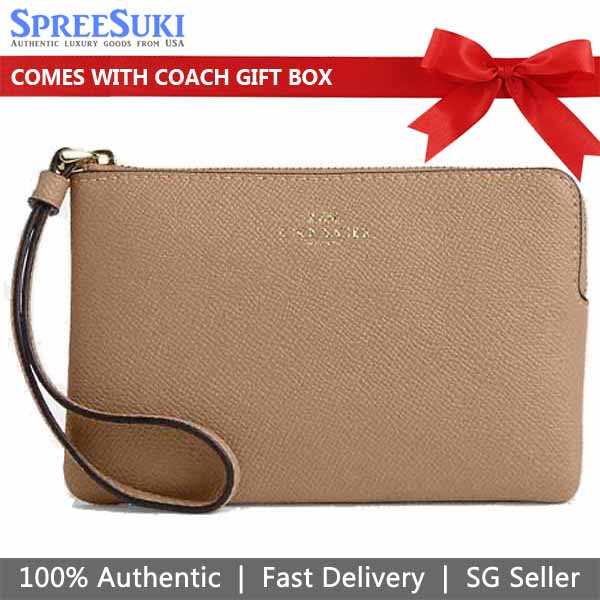Coach Small Wristlet Crossgrain Leather Corner Zip Taupe # CV396