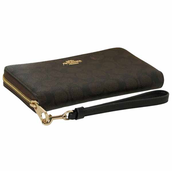 Coach Long Wallet Long Zip Around Wallet Signature Canvas Walnut Black Dark Brown # CW778