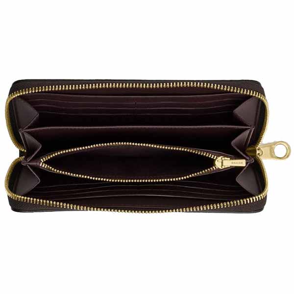 Coach Long Wallet Long Zip Around Wallet Signature Canvas Walnut Black Dark Brown # CW778