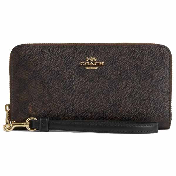 Coach Long Wallet Long Zip Around Wallet Signature Canvas Walnut Black Dark Brown # CW778