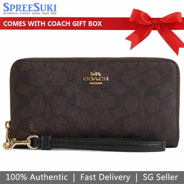 Coach Long Wallet Long Zip Around Wallet Signature Canvas Walnut Black Dark Brown # CW778