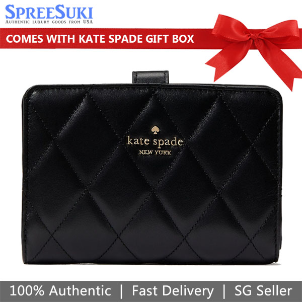 Kate Spade Medium Wallet Carey Smooth Quilted Medium Compact Bifold Black # KG424