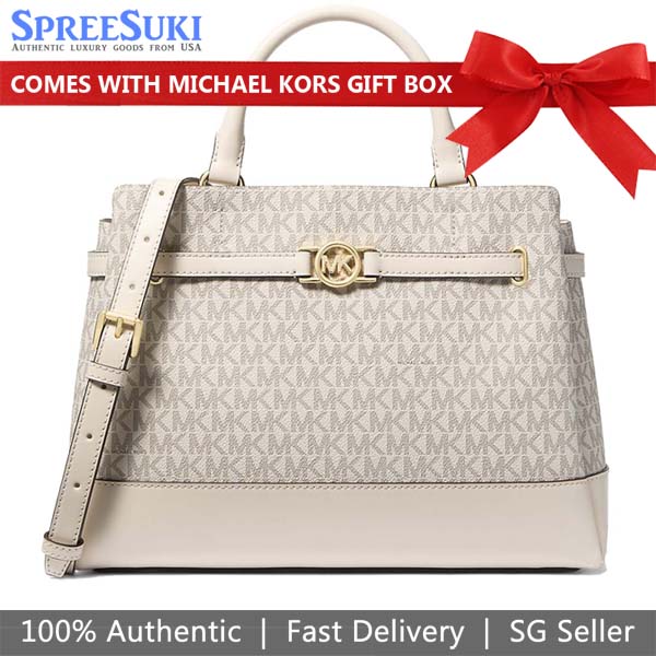 Michael Kors Reed Large Signature Logo Satchel Light Cream Multi White # 35F4G6RS3BD1