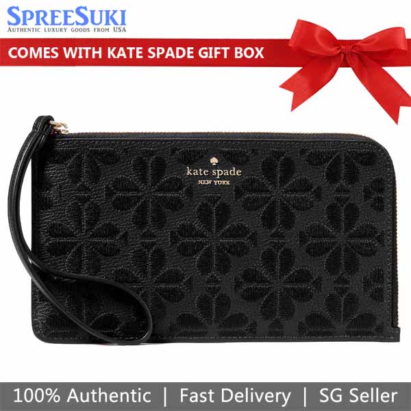 Kate Spade Lucy Spade Flower Embroidered Medium L-Zip Wristlet Black # KL857